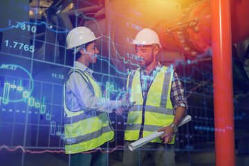 engineer real estate industry, investing stock market real estate. Stock financial index data of construction industry and property development business growth on construction site background image.