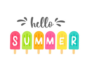 Hello summer label Decorated with ice cream Slippers and watermelon Isolated on white background.