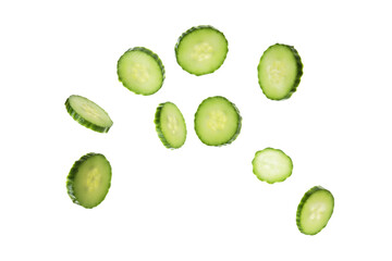 Ripe cucumber slices isolated on white background