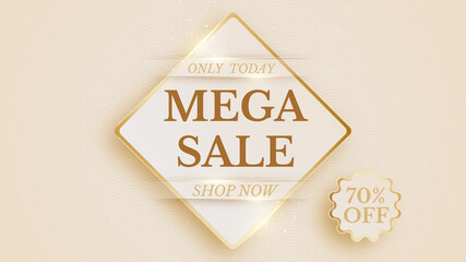 Mega sale background. Shop now 70% off. Realistic luxury paper cut style 3d concept. Vector illustration for design.