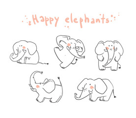 little happy elephats playing vector line illustration