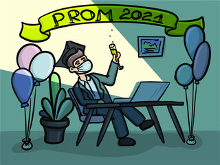 Vector man celebrating the graduation at home on quarantine 