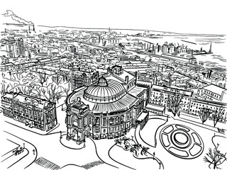 Vector illustration of the city Odessa, Ukraine. The theatre of opera and ballet 