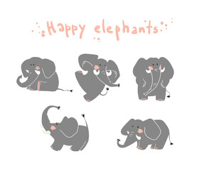 happy elephats playing around vector flat illustration