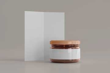 Blank Label Amber Glass Food Jar with Bi-Fold Brochure 3D Rendering