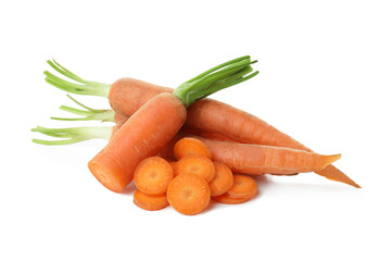 Ripe carrots and slices isolated on white background