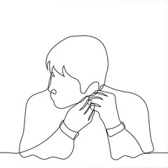 man puts an earring on herself - one line drawing vector. the concept of getting ready for a meeting or a date, trying on an earring when buying bijouterie or jewelry indications