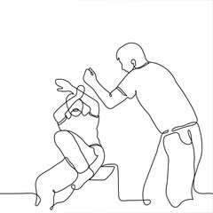 man swung to beat the other man, the victim shrank in fear - - one line of a picture. aggressive man raised his fist to punch the sitting guy who raised his hands