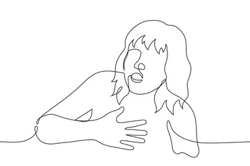 young woman in shock grabbed her chest - one line vector. concept of shock, surprise, amazement, mental breakdown, heart attack, breath holding,