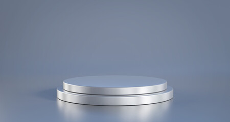 Realistic silver stage podium on silver background. blank exhibition stage backdrop or empty product shelf. 3d illustration.