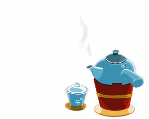 A Hot Ceramic Teapot on the tea stove and a ceramic cup of tea. Isolated retro tea set on white background. Close up drawing vector illustration.
