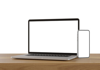 Laptop and smartphone with blank screen isolated on white background. 3d illustration.