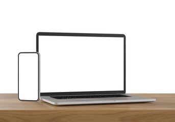 Laptop and smartphone with blank screen isolated on white background. 3d illustration.