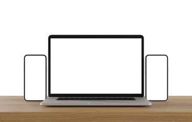 Laptop and smartphone with blank screen isolated on white background. 3d illustration.