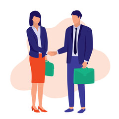 Businessman And Businesswoman Shaking Hands. Business Partnership Concept. Vector Illustration Flat Cartoon. Two Business People Making Business Deals.