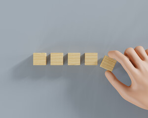 Hand arranging empty wood cube stacking on gray background for sign and symbols to create your creative concepts, 3d illustration.