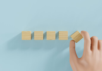 Hand arranging empty wood cube stacking on blue background for sign and symbols to create your creative concepts, 3d illustration.