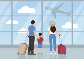 Traveling family with their luggage in airport. Vector illustration.