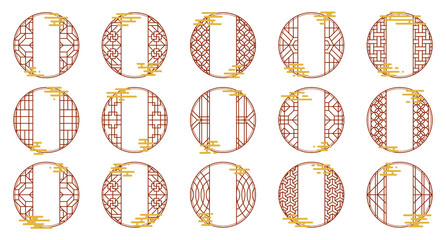 Vector set of chinese round frames with oriental clouds. Asian art, border, knot for new year ornament. Japanese decorative patterns. Traditional vintage asian elements.