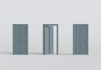 Three doors with central door open. minimal concept idea. 3d illustration.