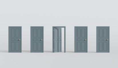 Five doors with central door open. minimal concept idea. 3d illustration.