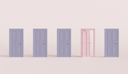 Colorful closed doors and one open door. minimal concept idea. 3d illustration.