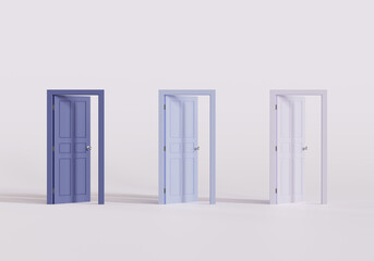 Three colorful open doors. minimal concept idea. 3d illustration.