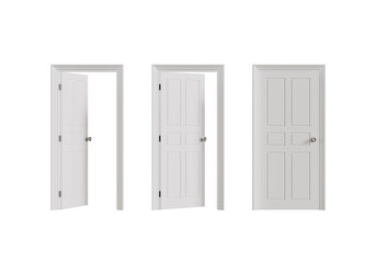 White open and closed doors isolated on white background, 3d illustration.