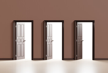 Three brown open doors on wall background, 3d illustration.