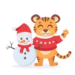 Cute tiger in a sweater with snowman. Year of the tiger. Happy New Year. Vector illustration