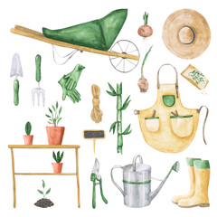 Set of 20 gardening objects isolated. Hand-drawn garden clipart. Watercolor farmhouse clipart. Bamboo, seeds, wooden stand, apron, rake, hose, wheelbarrow, rope, spad, wellies, gloves, hat.