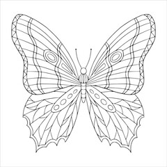 Beautiful butterfly with decorated wings coloring page. Vector outline illustration with doodle and zentangle elements for coloring book for adult. Lovely garden insect.