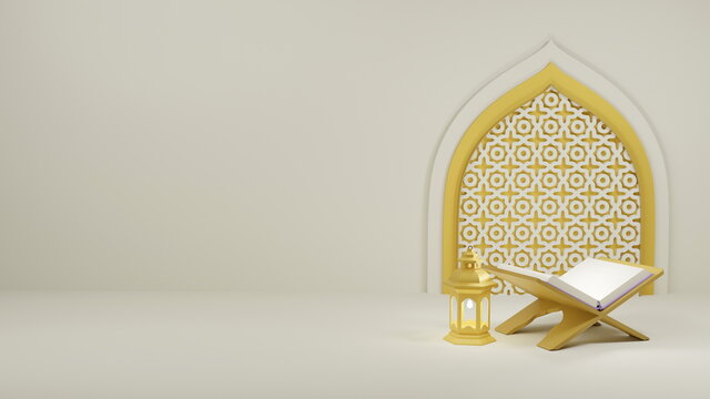 Ramadan kareem islamic 3d illustration. Muslim greeting card, invitation,poster, banner, abstract background design template. Ramadan banner theme with gold lantern, quran and door concept