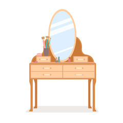 Dressing table in flat cartoon style with cosmetics. Isolated vector illustration of furniture in bedroom.