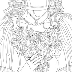 Girl hold bouquet of flowers. Coloring book illustration for adult with doodle and zentangle elements for meditation. Romantic vector outline art for holidays.