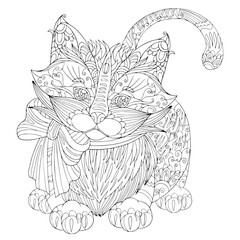 Coloring book page funny fluffy kitten with bow. Vector cat illustration with doodle and zentangle elements for meditation and anti stress for adult.