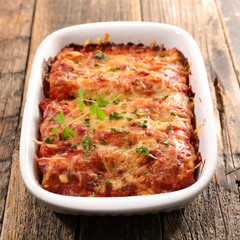 cannellonni- pasta with minced beef,  tomato sauce and cheese