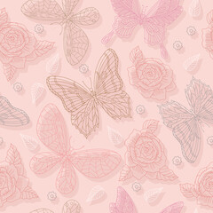 Romantic seamless pattern with tropical butterflies outline. Pinky elegant illustration for wrapping paper, fabric, textile, wrap gifts, holidays decor. Isolated vector.