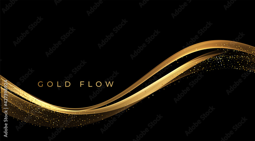 Fototapete Abstract Gold Waves. Shiny golden moving lines design element with glitter effect on dark background for greeting card and disqount voucher.