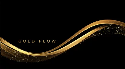 Peel and stick wall murals Abstract wave Abstract Gold Waves. Shiny golden moving lines design element with glitter effect on dark background for greeting card and disqount voucher.