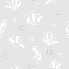 Floral seamless pattern of white and grey doodle leaves and twigs on light grey. Vector illustration of repeat botanical background. Surface design.