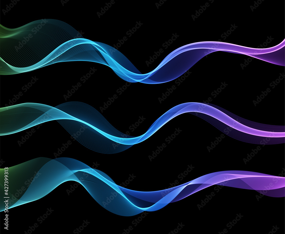 Poster Vector abstract colorful flowing wave lines isolated on black background. Design element for technology, science, music or modern concept.