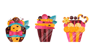 Set of Cupcakes, Sweet Decorated Muffin Desserts Cartoon Vector Illustration