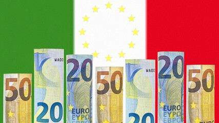 Euro banknotes rolled up in a tube on the background of the flag of Italy. The currency of the European Union.