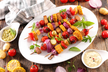 vegetarian barbecue- grilled vegetables on skewer and dips