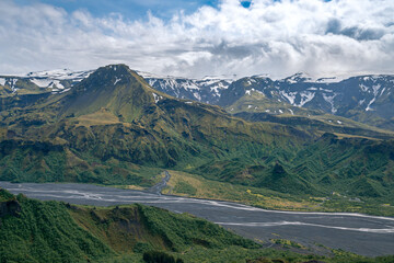 Dramatic clouds coming to the valley of Thorsmork, southern Iceland. View from the road down off Valahnukur. Laugavegur trail.