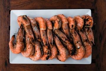 Fresh grilled shrimps barbecue seafood, Shrimp burned on the table