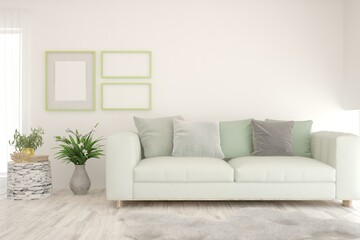 Soft color living room with sofa. Scandinavian interior design. 3D illustration