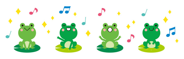 蓮の葉の上で歌うカエルのイラスト