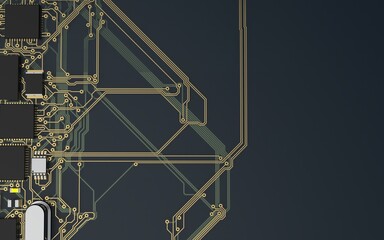 processor chip on a printed circuit board in red backlight. 3d illustration on the topic of technology and the power of artificial intelligence.
